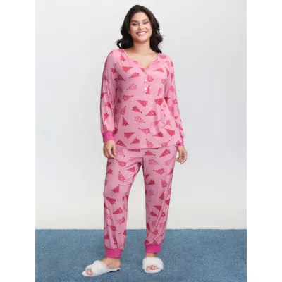 Bloomchic Women's Plus Size Christmas Tree Print Buttons Co-ord Pajama Set Blush Christmas 10/m In Pink