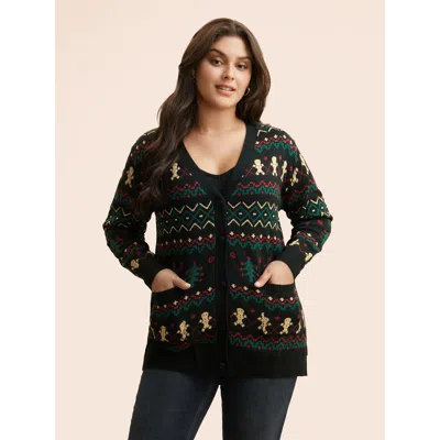 Bloomchic Women's Plus Size Christmas Trees & Gingerbread Man Print Pocket Cardigan Multicolor Long Sleeve 22-