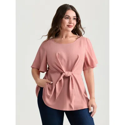 Bloomchic Women's Plus Size Cinched-waist Knotted Plain Blouse Salmon Solid Office Short Sleeve Round Neck 10/ In Pink