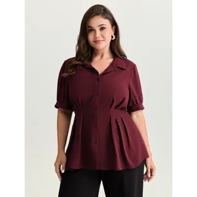 Bloomchic Women's Plus Size Cinched-waist Pleated Collar Blouse Burgundy Solid Office Short Sleeve Collared Ne
