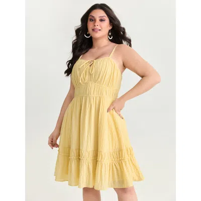 Bloomchic Women's Plus Size Cinched-waist Ruffled Hem Mini Dress Lightyellow Solid Knee Length Vacation Cable 