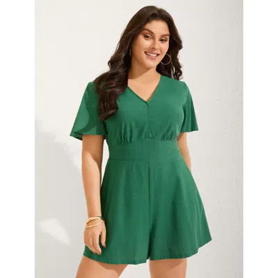 Bloomchic Women's Plus Size Cinched-waist V-neck Solid Romper Darkgreen Vacation 30/6x In Green