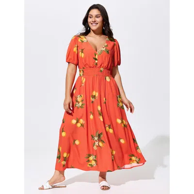Bloomchic Women's Plus Size Citrus Floral Print Puff Sleeve Maxi Dress Orangered Fruit Maxi Vacation Smocked 1
