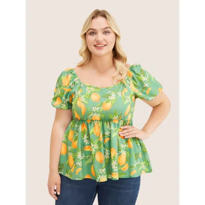 Bloomchic Women's Plus Size Citrus Orange & Floral Print Puff Sleeve Ruffles Blouse Mint Dailywear Short Sleev In Green
