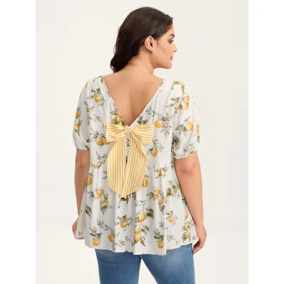Bloomchic Women's Plus Size Citrus Print Bow Backless Blouse Apricot Fruit Casual Short Sleeve Round Neck 10/m In Orange