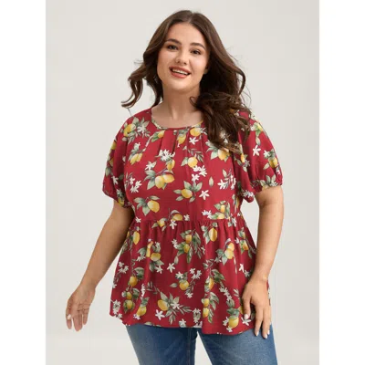 Bloomchic Women's Plus Size Citrus Print Bow Backless Blouse Raspberry Fruit Casual Short Sleeve Round Neck 18 In Pink