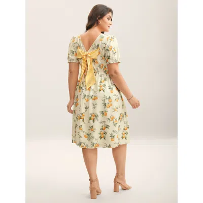 Bloomchic Women's Plus Size Citrus Print Bow Backless Midi Dress Apricot Fruit Midi Elegant Bowknot 30/6x In Orange