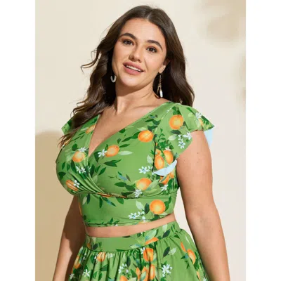 Bloomchic Women's Plus Size Citrus Print Ruffled Sleeve Swim Top Lightgreen Fruit Short Sleeve Ruffles 22-24/3