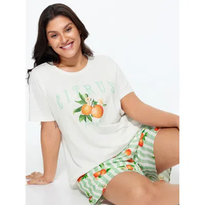 Bloomchic Women's Plus Size Citrus Print Stretchy Lounge Set Greenbean Fruit Short Sleeve Smocked 22-24/3x