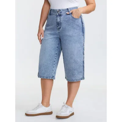 Bloomchic Women's Plus Size Classic Cut Wide-leg Crop Jeans Midblue Woven Ribbon&lace Trim Straight Fit High S