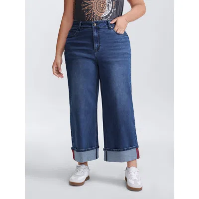 Bloomchic Women's Plus Size Classic Folded Hem Wide-leg Cropped Jeans Midblue Not Graphics Colorblock Wide Leg
