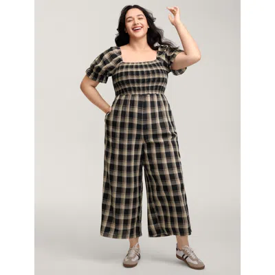 Bloomchic Women's Plus Size Classic Plaid Print Shirred Bodice Jumpsuit Yellowishbrown Casual 14-16/1x