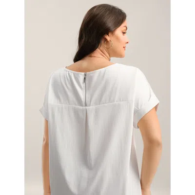 Bloomchic Women's Plus Size Classic Plain Boat Neck Zipper Blouse Whitesmoke Solid Office Short Sleeve Boat Ne