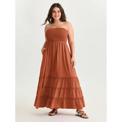Bloomchic Women's Plus Size Classic Plain Shirred Bodice Tiered Maxi Dress Rust Solid Maxi Vacation Smocked 14 In Brown