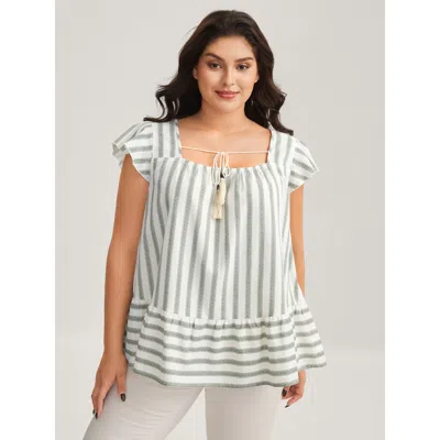 Bloomchic Women's Plus Size Classic Stripes Square Neck Tassels Blouse Emerald Stripes Casual Cap Sleeve 10/m In Green