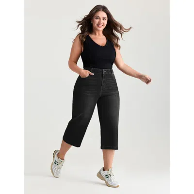 Bloomchic Women's Plus Size Classic Wide-leg Capri Jeans Denimblack Not Graphics Non Wide Leg High Stretch 10/ In Black