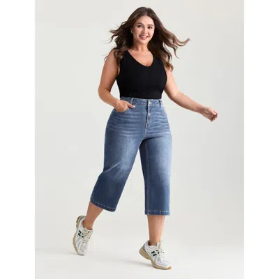 Bloomchic Women's Plus Size Classic Wide-leg Capri Jeans Denimlightblue Not Graphics Non Wide Leg High Stretch