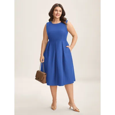 Bloomchic Women's Plus Size Classic Woven Inner Pleated Midi Dress Brightblue Solid Midi Office Ruched 18-20/2 In Blue