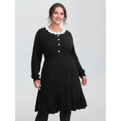 Bloomchic Women's Plus Size Cloudy Crochet Neckline Midi Sweater Dress Black Non Tunic 12/l
