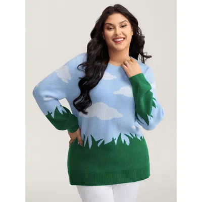 Bloomchic Women's Plus Size Cloudy Grass Print Jacquard Balloon Sleeve Pullover Lightblue Landscape Long Sleev In Blue