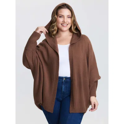 Bloomchic Women's Plus Size Coccoon Shaped Hooded Front-open Knit Cardigan Browncoffeecolor Long Sleeve 22-24/