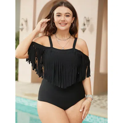 Bloomchic Women's Plus Size Cold Shoulder Fringe Trim One Piece Swimsuit Black Solid Adjustable Straps Adaptiv