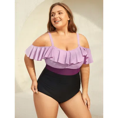 Bloomchic Women's Plus Size Cold-shoulder Ruffled One-piece Swimsuit Lilac Geometric Gathered Adaptive-fit 30/ In Purple