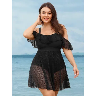 Bloomchic Women's Plus Size Cold-shoulder Sheer Swim Dress Black Solid Lace Trim Adjustable Straps 18-20/2x