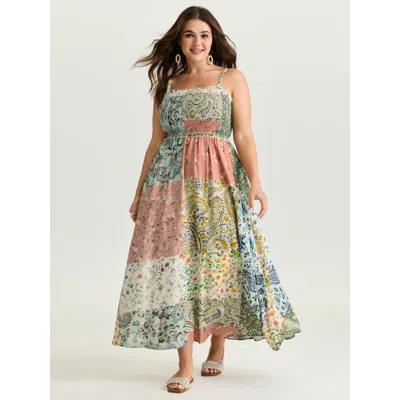 Bloomchic Women's Plus Size Collage Patchwork Print Cami Maxi Dress Multicolor Floral Longline Vacation Shirre