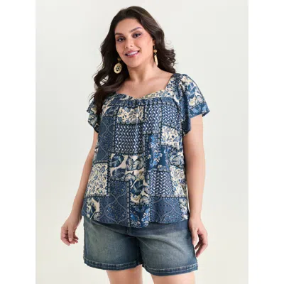 Bloomchic Women's Plus Size Collage Print Square Neckline Blouse Darkblue Ethnic Floral Vacation Short Sleeve  In Blue