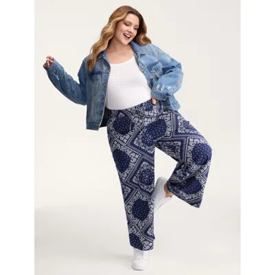 Bloomchic Women's Plus Size Collage Scarf Pattern Straight-leg Pants Indigo Bohemian Print Straight Fit Mid Ri In Purple
