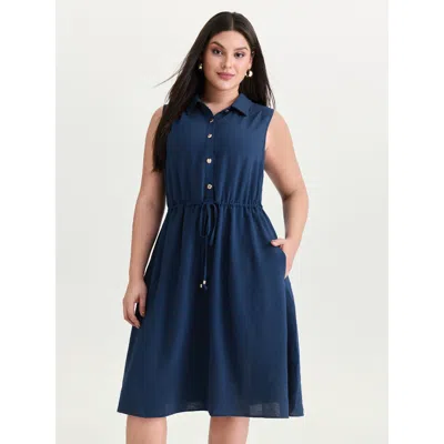 Bloomchic Women's Plus Size Collar Button Detail Waist Drawstring Mini Dress Darkblue Solid Knee Length Office In Blue