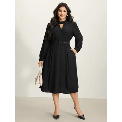 Bloomchic Women's Plus Size Collar Cut-out Waist Tie Midi Dress Black Non Midi Office 12/l
