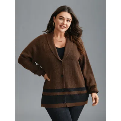 Bloomchic Women's Plus Size Collared Button Front Striped Hem Knit Cardigan Darkbrown Long Sleeve 28/5x In Brown