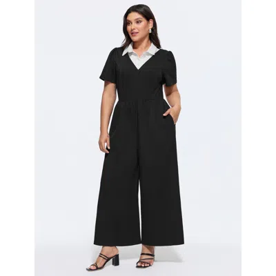 Bloomchic Women's Plus Size Collared Layered Neckline Straight-fit Jumpsuit Black Office 10/m