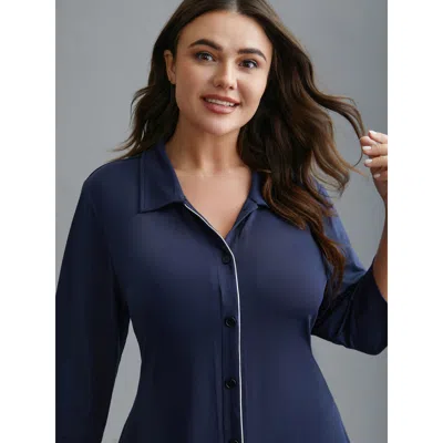 Bloomchic Women's Plus Size Collared Sprout Strip Plain Nightgown Darkblue 3/4 Sleeve Knee 14-16/1x In Blue