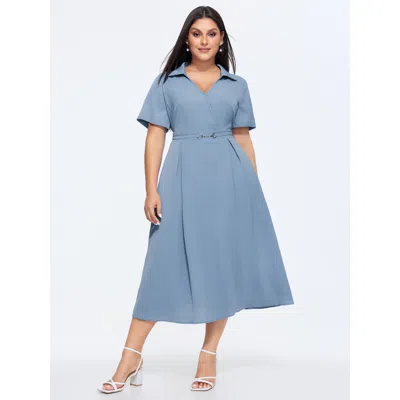 Bloomchic Women's Plus Size Collared Stretchy Waist Plain Midi Dress Cerulean Solid Maxi Office 10/m In Blue