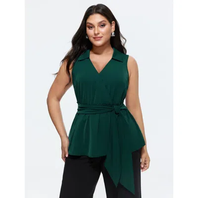 Bloomchic Women's Plus Size Collared Wrap Side Tie Long Tank Top Cyan Office Fitted Fit & Flare V-neck 12/l In Blue