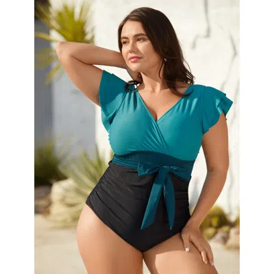 Bloomchic Women's Plus Size Color Block Belted Ruffle Sleeve One-piece Swimsuit Teal Geometric Tie Knot Tummy  In Blue