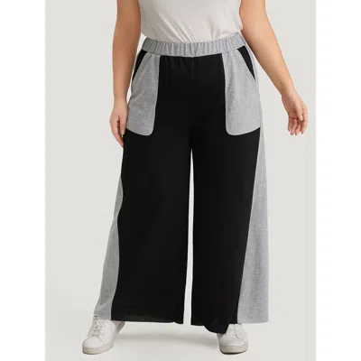 Bloomchic Women's Plus Size Color Block Contrast Slant Pocket Sweatpants Black Dailywear 10/m
