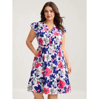 Bloomchic Women's Plus Size Color Block Floral Print Notched Mini Dress Navy Ditsy Floral Mini Elegant Ruffles In Blue