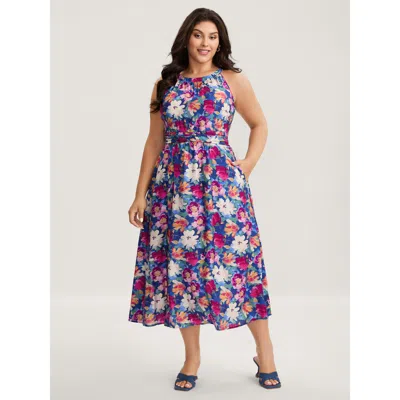 Bloomchic Women's Plus Size Color Block Floral Shirred Waist Midi Dress Multicolor Floral Midi Elegant 30/6x