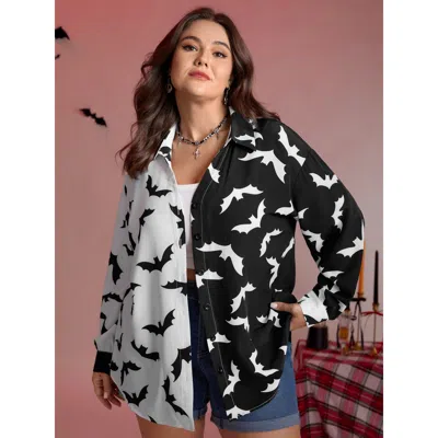 Bloomchic Women's Plus Size Color Block Flying Bats Button-down Shirt Black Casual Long Sleeve 12/l