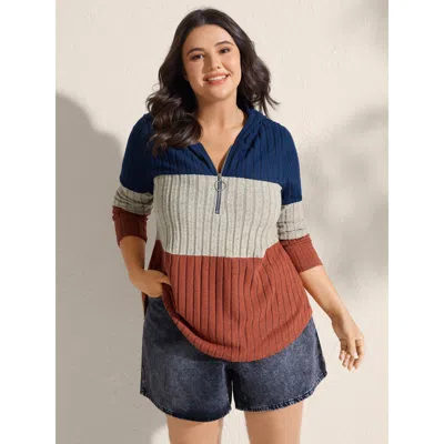 Bloomchic Women's Plus Size Color Block Half Zipper Ribbed Hoodie Multicolor Casual 10/m