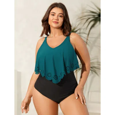 Bloomchic Women's Plus Size Color Block Laser-cut One-piece Swimsuit Cyan Geometric Laser Adaptive-fit 30/6x In Blue