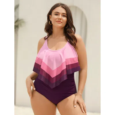Bloomchic Women's Plus Size Color Block Layered One-piece Swimsuit Deeppurple Geometric Gathered Adaptive-fit 