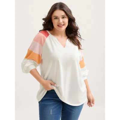Bloomchic Women's Plus Size Color Block Notched Collar Sweatshirt Whitesmoke Casual 12/l