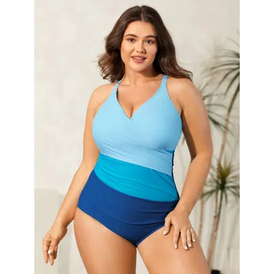 Bloomchic Women's Plus Size Color Block Pleated One-piece Swimsuit Mediumblue Color Block Ruched Adaptive-fit 