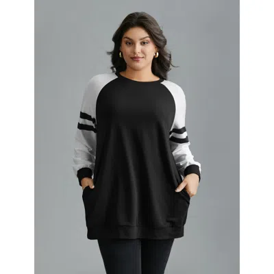 Bloomchic Women's Plus Size Color Block Raglan Sleeve Stretchy Sweatshirt Black Everyday 12/l