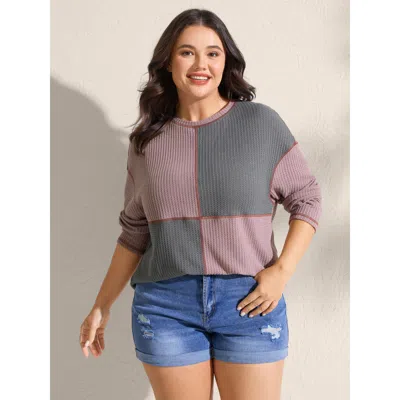 Bloomchic Women's Plus Size Color Block Ribbed Drop Shoulder T-shirt Darkgray Geometric Casual Long Sleeve 14- In Gray